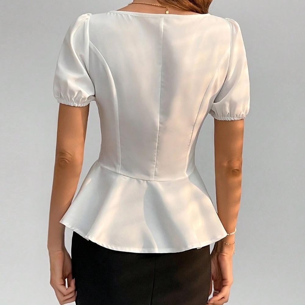 Classic Solid Puff Sleeve Ruffle Hem Blouse - Picture 4 of 12